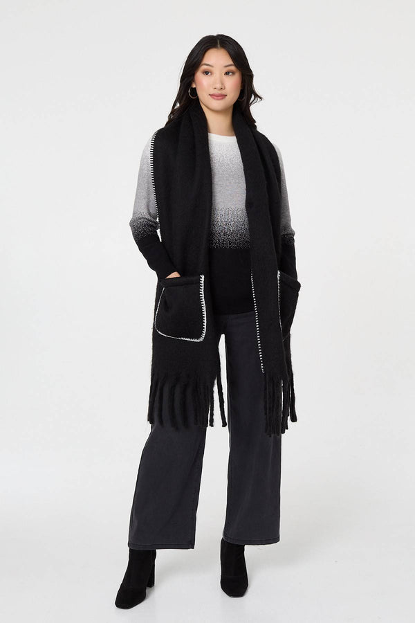 Black | Fringed Contrast Stitch Oversized Scarf