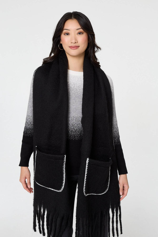 Black | Fringed Contrast Stitch Oversized Scarf
