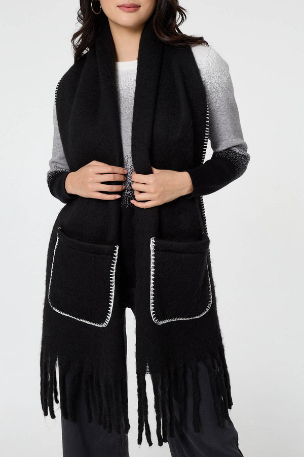 Black | Fringed Contrast Stitch Oversized Scarf