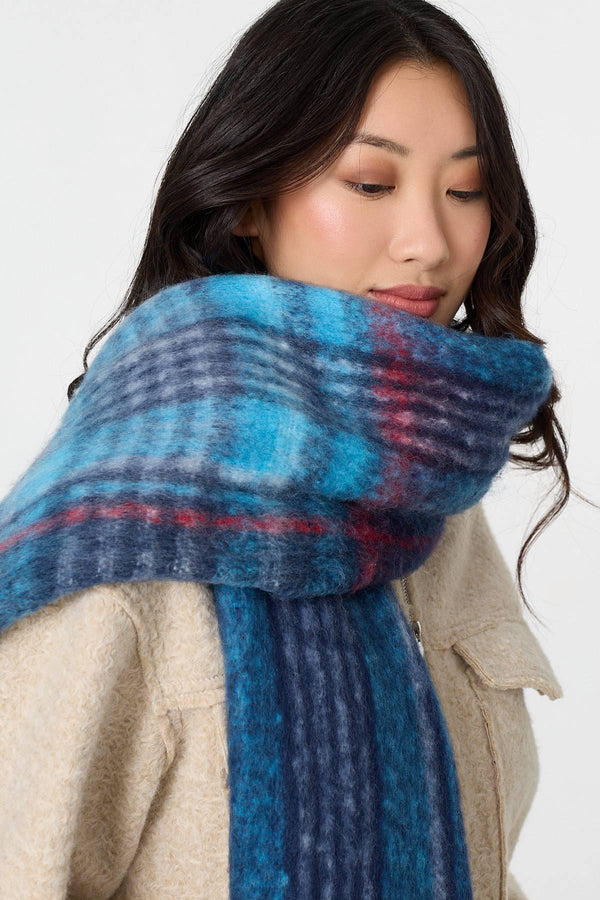 Blue | Tartan Print Fringed Oversized Scarf