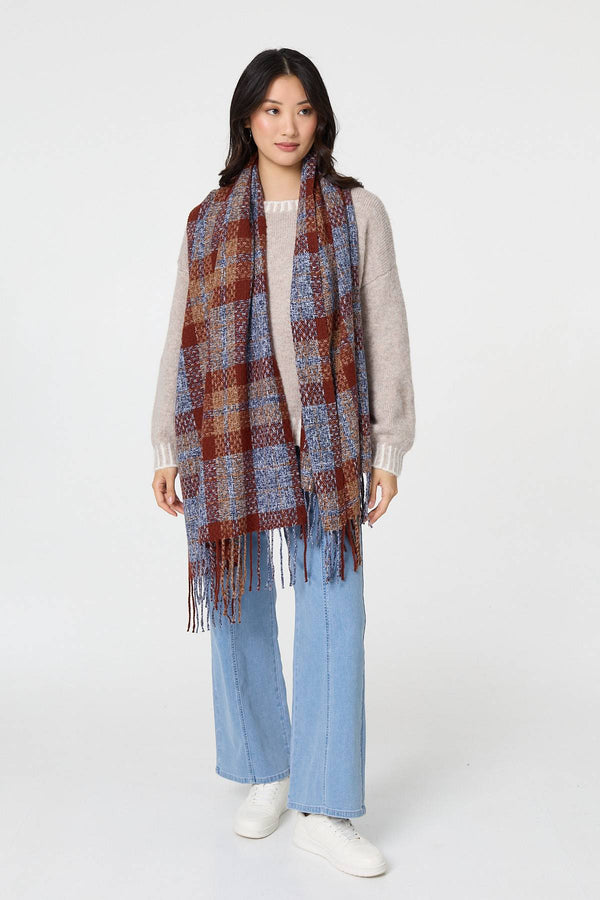 Blue | Checked Print Oversized Fringe Scarf
