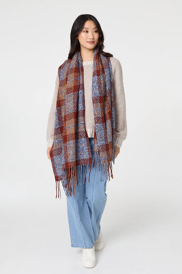 Blue | Checked Print Oversized Fringe Scarf