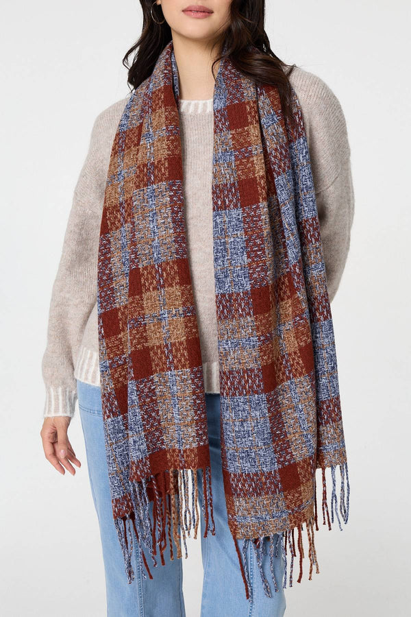 Blue | Checked Print Oversized Fringe Scarf
