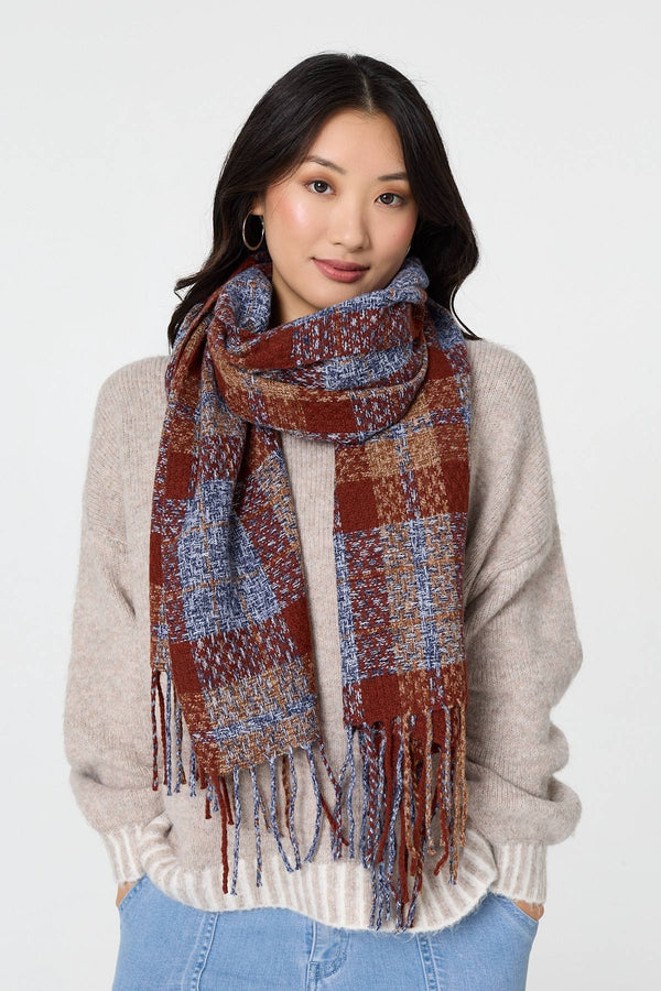 Blue | Checked Print Oversized Fringe Scarf