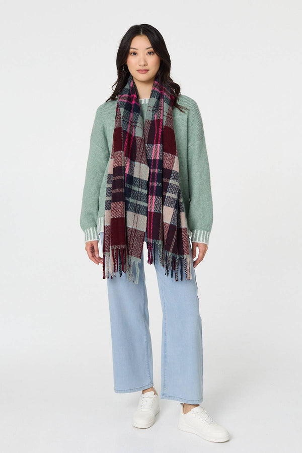 Purple | Checked Print Fringe Oversized Scarf