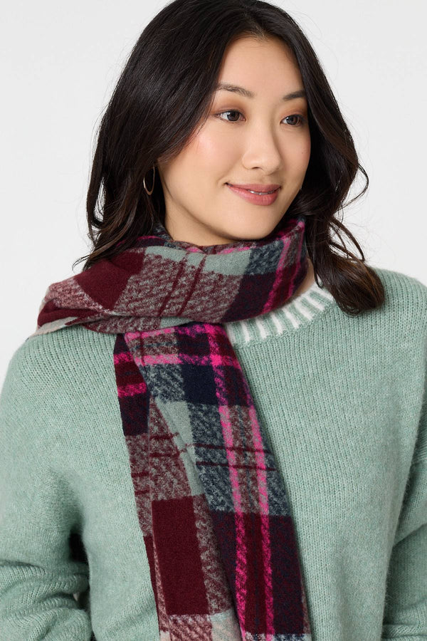 Purple | Checked Print Fringe Oversized Scarf