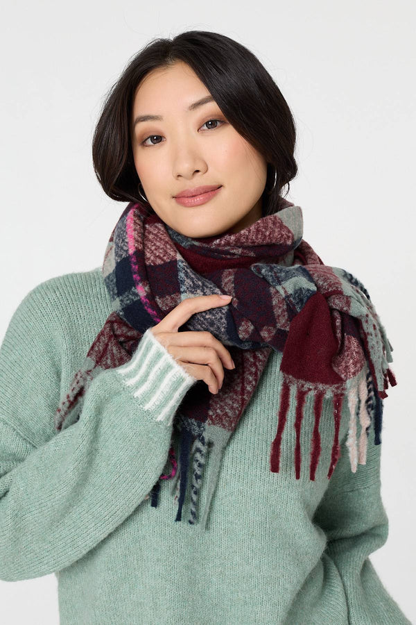 Purple | Checked Print Fringe Oversized Scarf