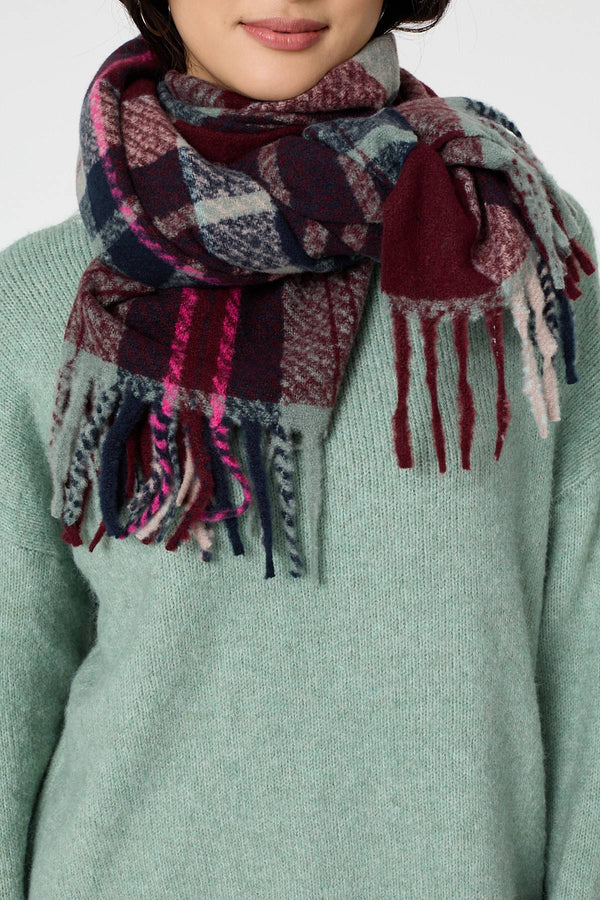 Purple | Checked Print Fringe Oversized Scarf