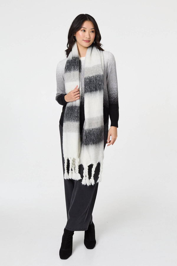 Black | Striped Print Oversized Fringed Scarf