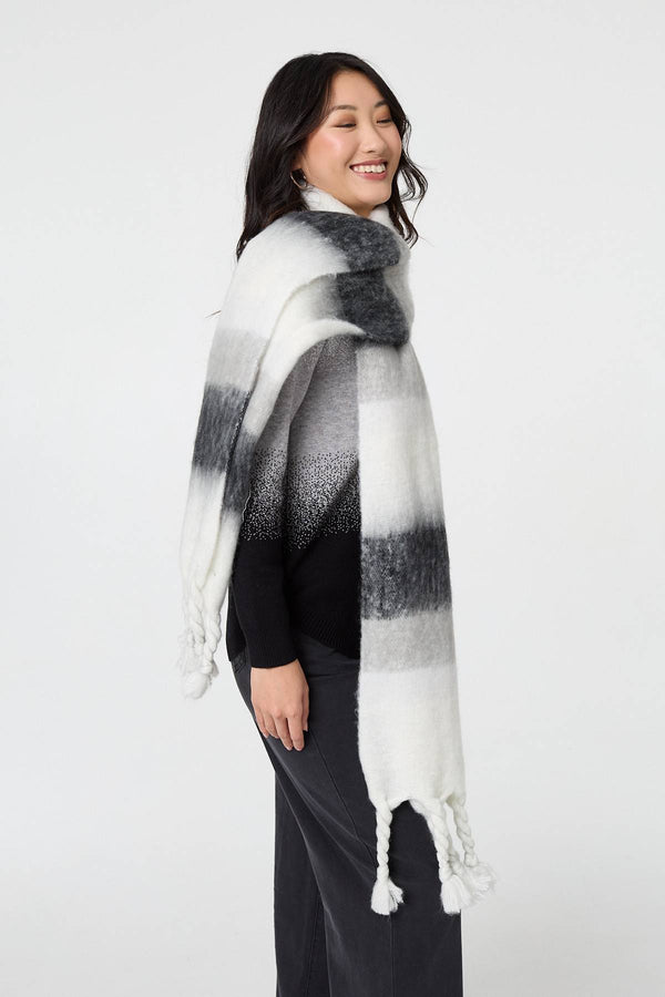 Black | Striped Print Oversized Fringed Scarf