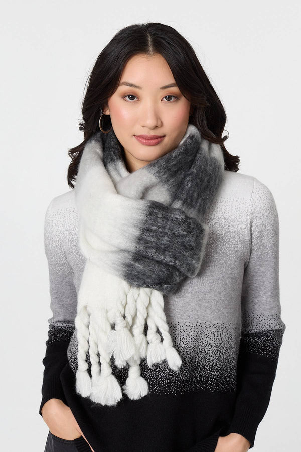 Black | Striped Print Oversized Fringed Scarf