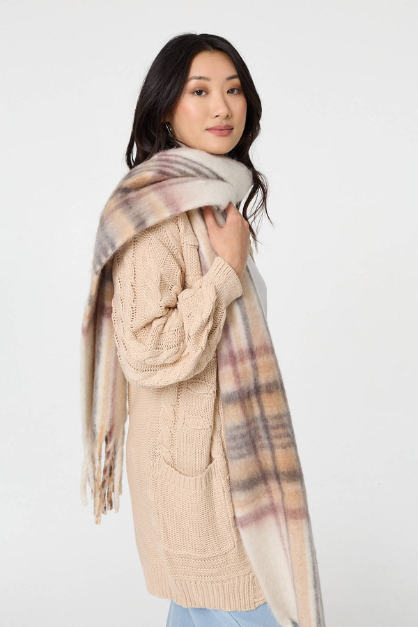 Beige | Checked Print Oversize Fringed Scarf