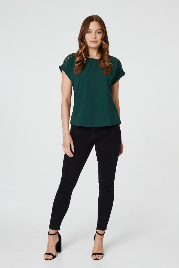 Green | Lace Shoulder Short Sleeve Top