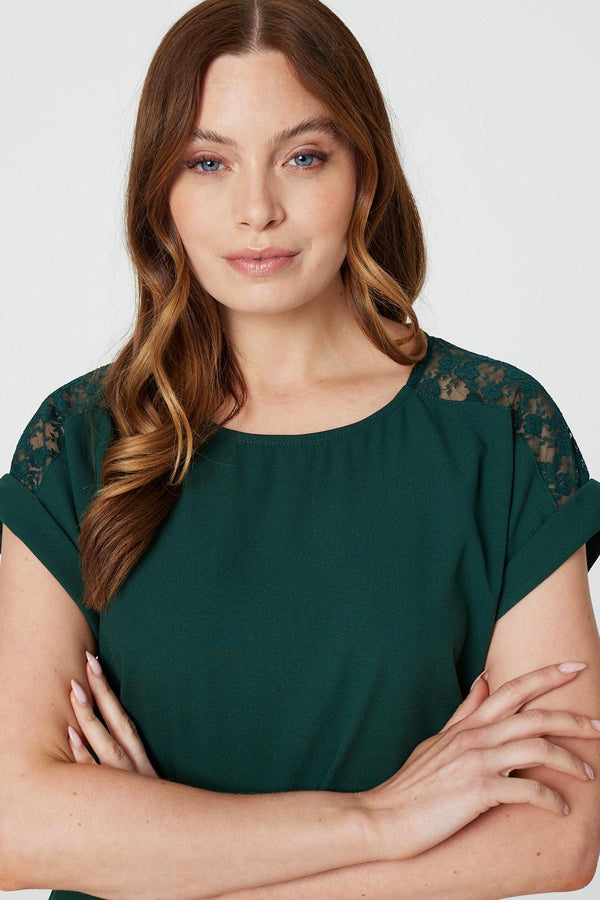 Green | Lace Shoulder Short Sleeve Top