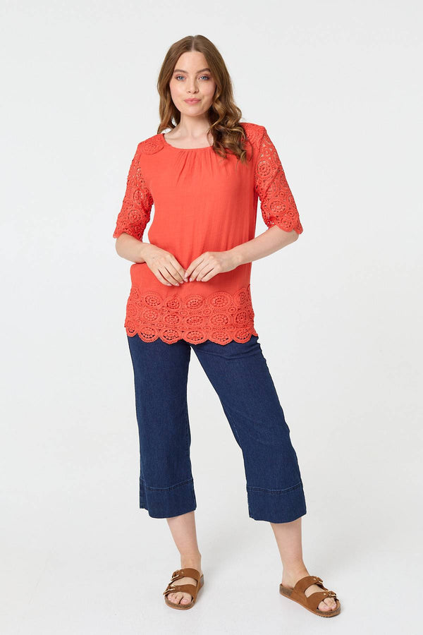 Orange | Lace Trim Semi Sheer 1/2 Sleeve Blouse