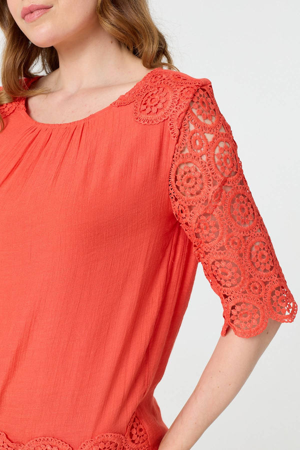Orange | Lace Trim Semi Sheer 1/2 Sleeve Blouse