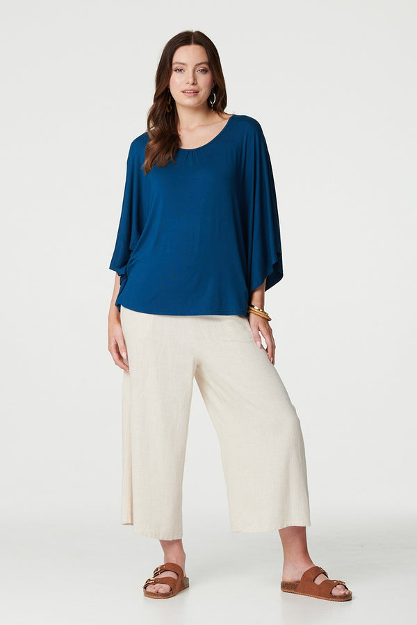 Blue | Plain Round Neck 3/4 Batwing Top