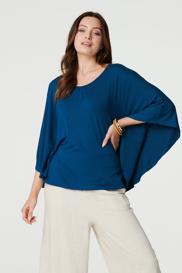 Blue | Plain Round Neck 3/4 Batwing Top