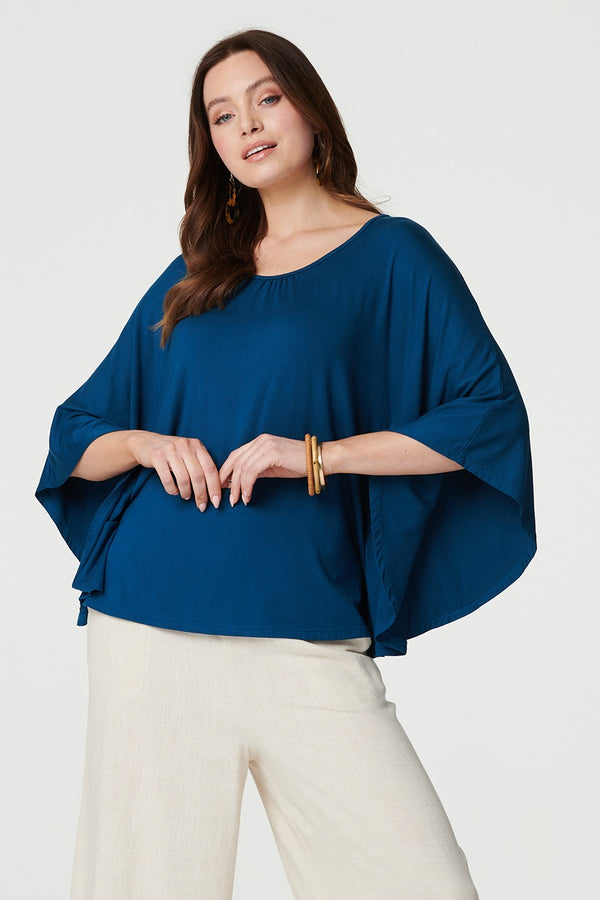Blue | Plain Round Neck 3/4 Batwing Top