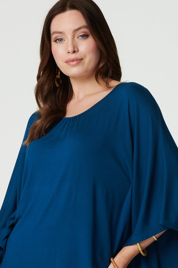 Blue | Plain Round Neck 3/4 Batwing Top