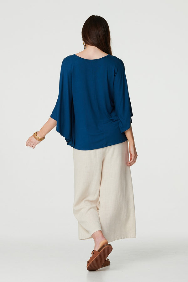 Blue | Plain Round Neck 3/4 Batwing Top