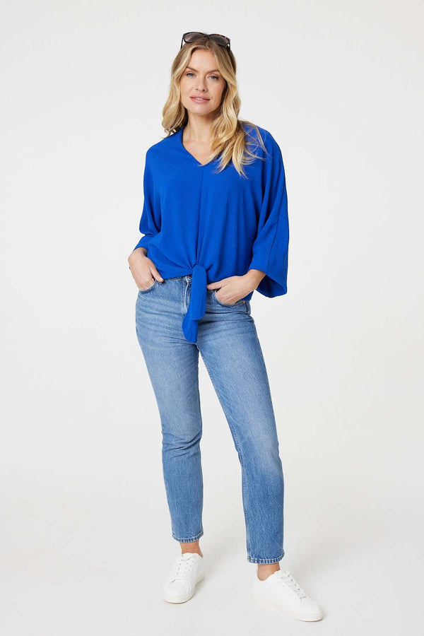 Blue | Knot Front Relaxed 3/4 Sleeve Blouse
