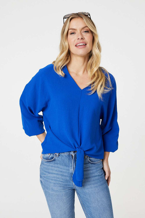 Blue | Knot Front Relaxed 3/4 Sleeve Blouse