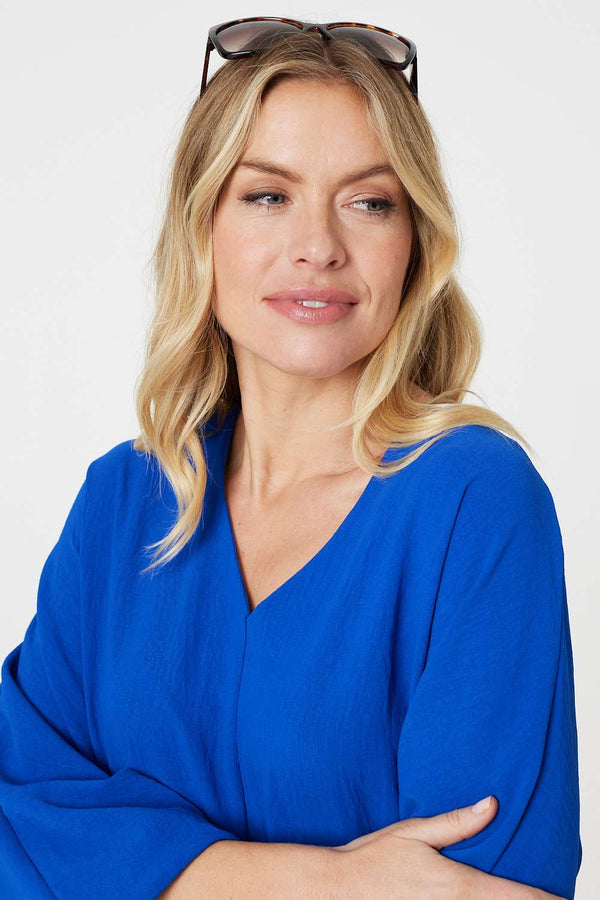 Blue | Knot Front Relaxed 3/4 Sleeve Blouse