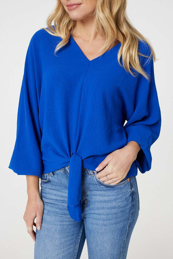 Blue | Knot Front Relaxed 3/4 Sleeve Blouse