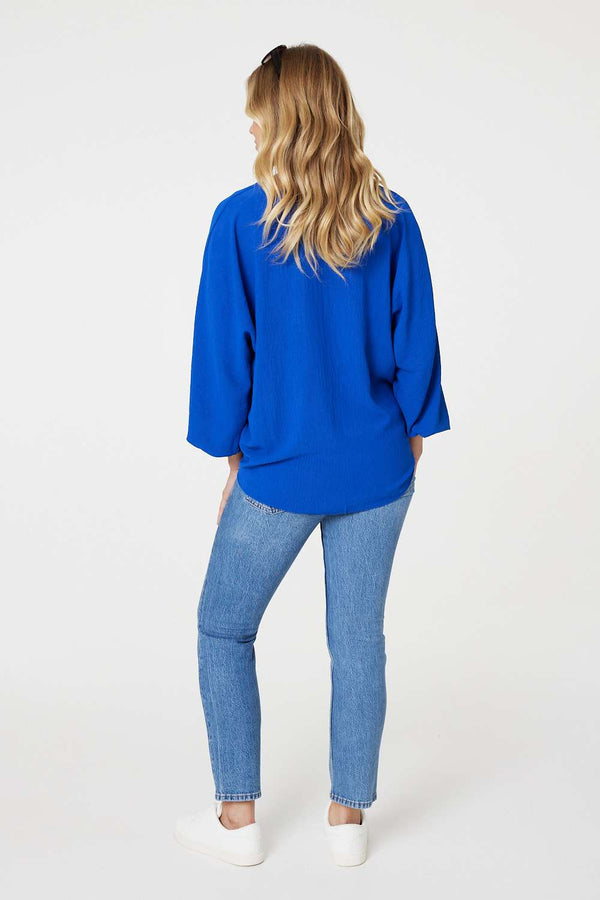 Blue | Knot Front Relaxed 3/4 Sleeve Blouse