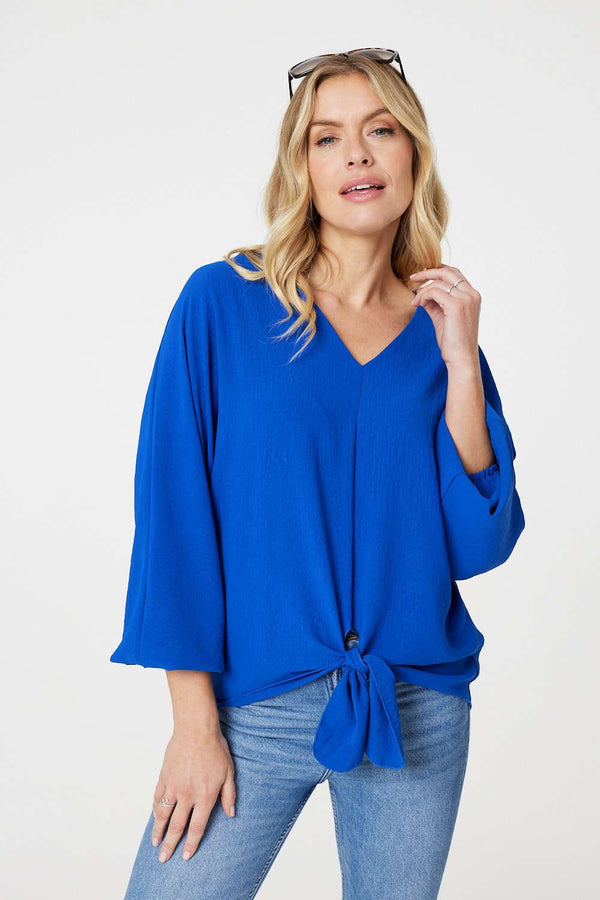 Blue | Knot Front Relaxed 3/4 Sleeve Blouse