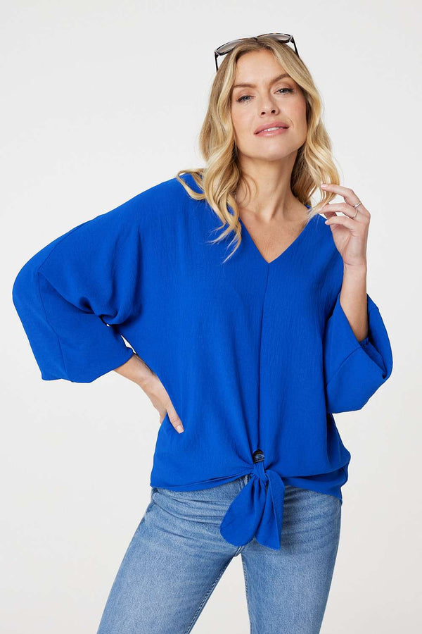 Blue | Knot Front Relaxed 3/4 Sleeve Blouse