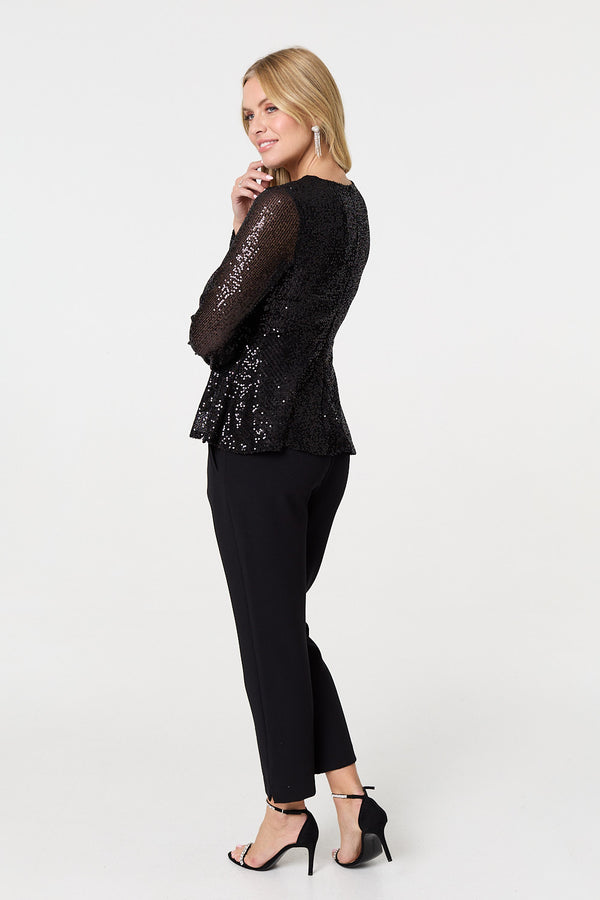 Black | Sequin Embellished Long Sleeve Peplum Top