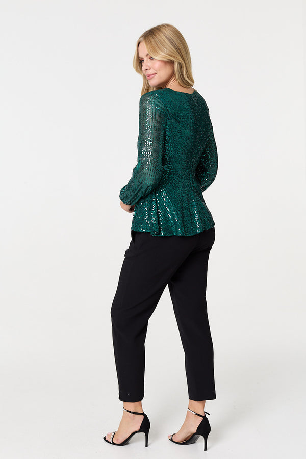 Green | Sequin Embellished Long Sleeve Peplum Top
