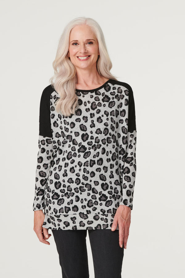 Grey | Animal Print Longline Jumper