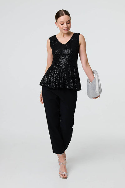Ensemble Deux Pièces NLY One Femme - Péplum Pailletté Velours Noir - Taille UK10 - Neuf Avec étiquettes - Idéal Soirée