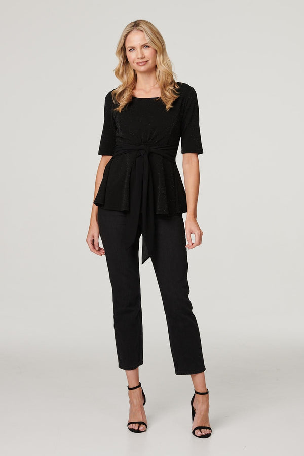 Black | Metallic Tie Front 1/2 Sleeve Top