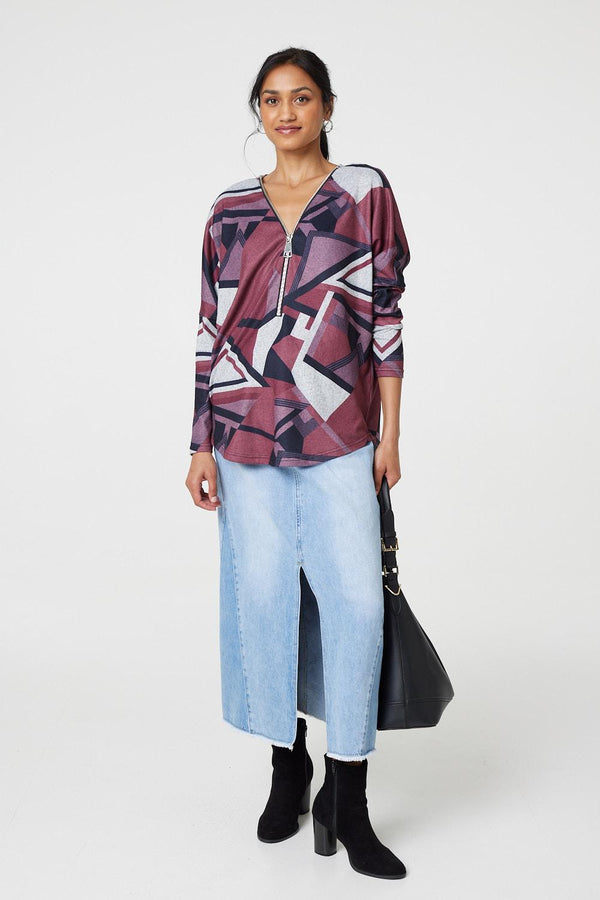 Red | Geo Print Zip Front Relaxed Top