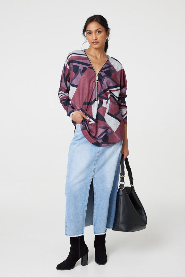 Red | Geo Print Zip Front Relaxed Top