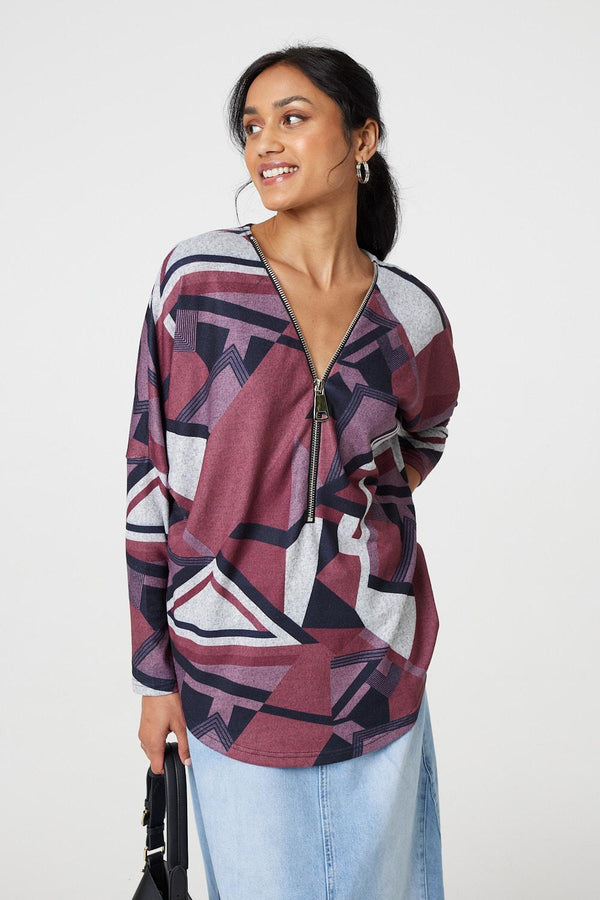 Red | Geo Print Zip Front Relaxed Top
