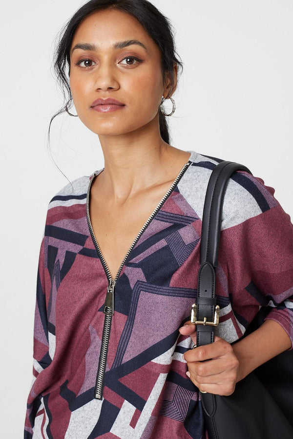 Red | Geo Print Zip Front Relaxed Top