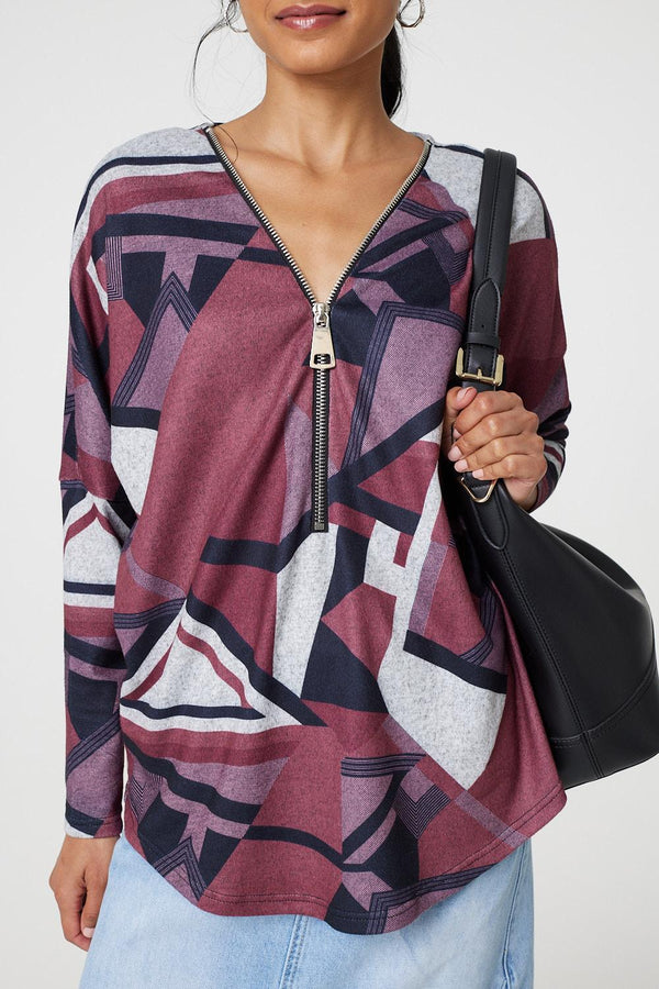 Red | Geo Print Zip Front Relaxed Top