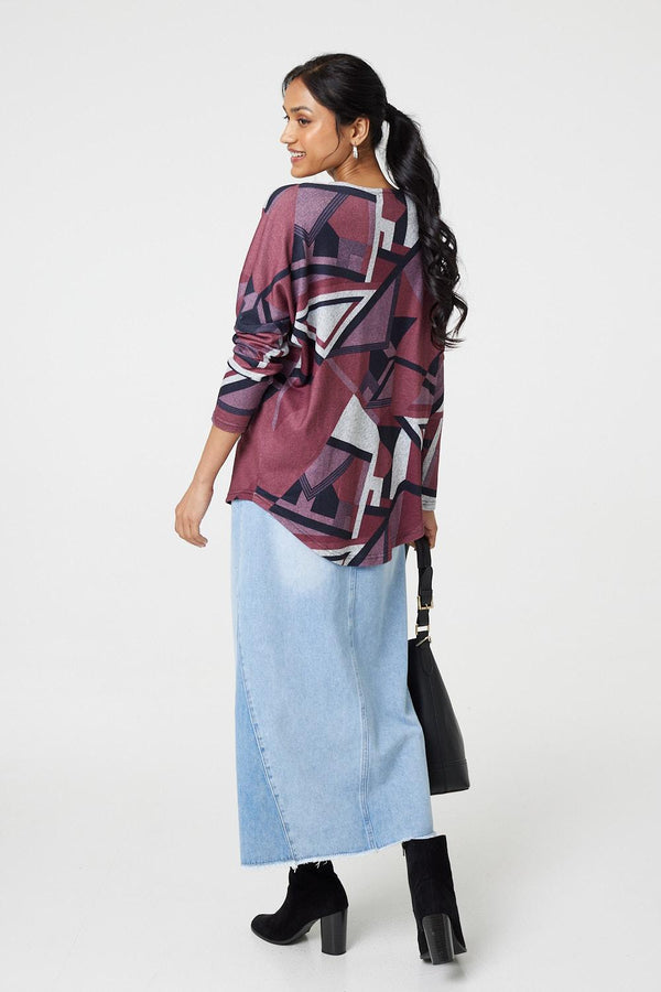 Red | Geo Print Zip Front Relaxed Top