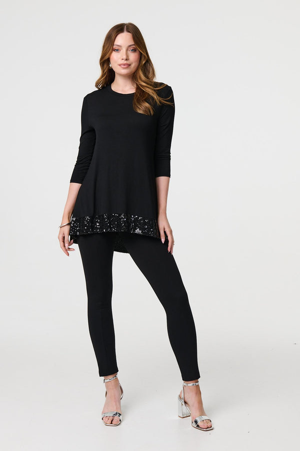 Black | Sequin Trim Longline Jersey T-Shirt