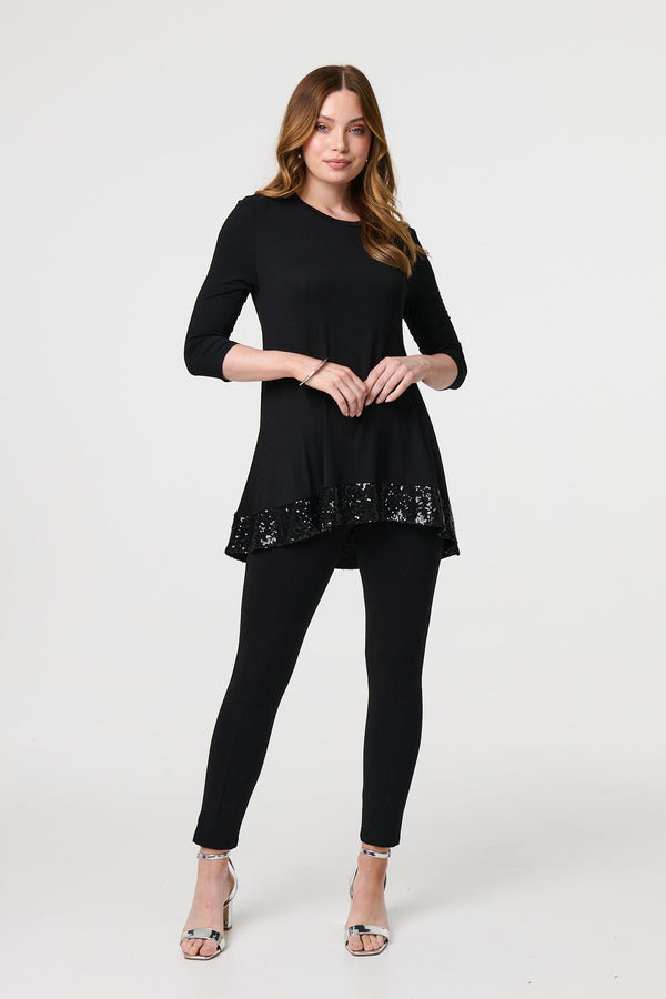 Black | Sequin Trim Longline Jersey T-Shirt
