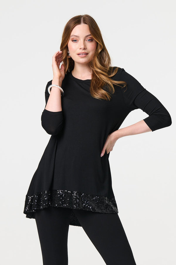 Black | Sequin Trim Longline Jersey T-Shirt