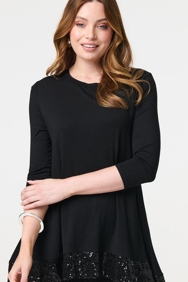 Black | Sequin Trim Longline Jersey T-Shirt