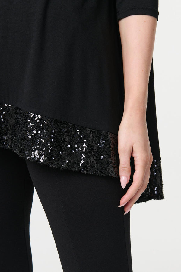 Black | Sequin Trim Longline Jersey T-Shirt