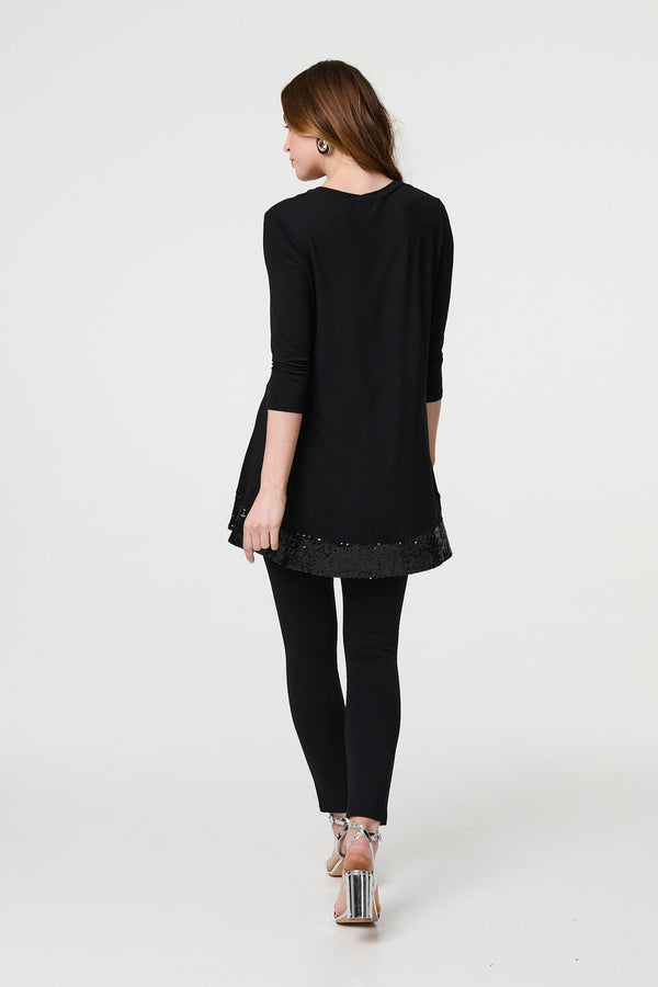 Black | Sequin Trim Longline Jersey T-Shirt