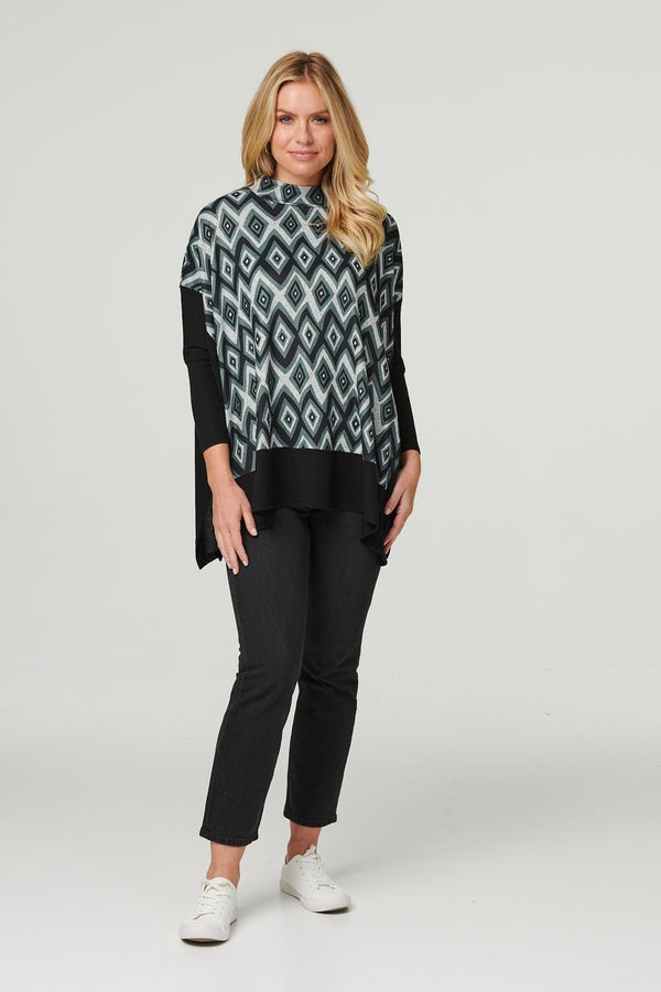 Green | Ikat Print High Neck Oversized Top